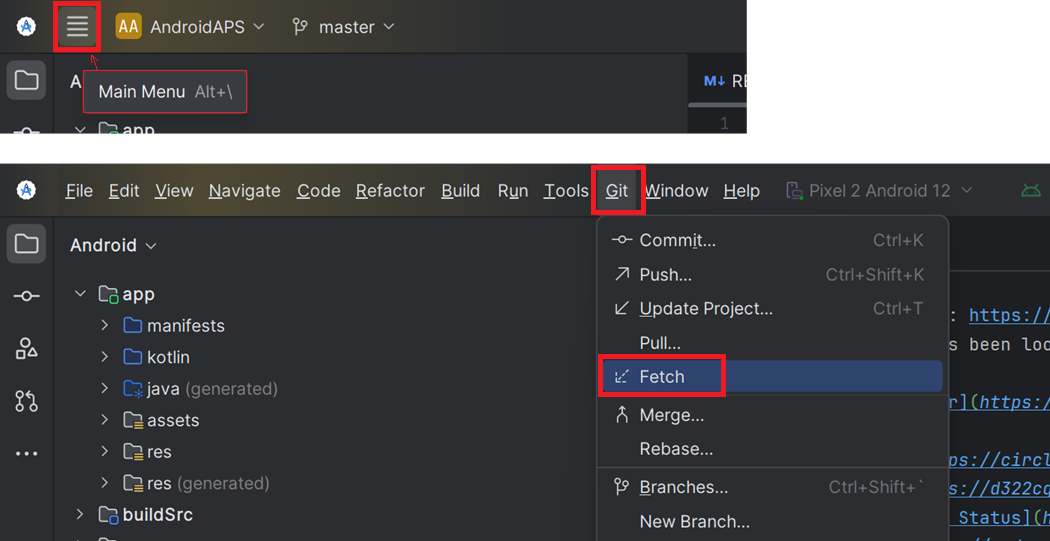 Android Studio Menu - Git - Fetch