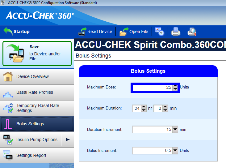 Screenshot of bolus settings